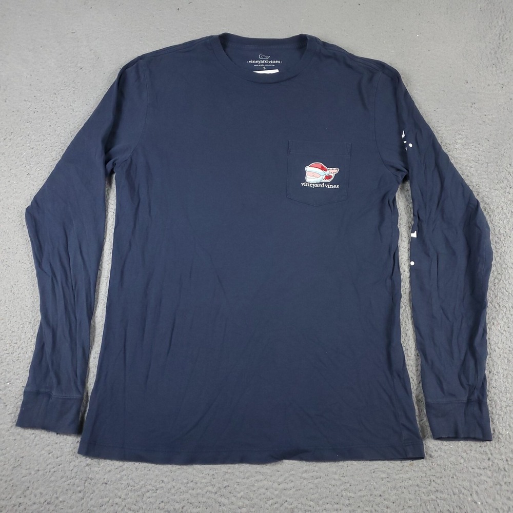 Vineyard Vines Mens Small Blue Santa Whale Christmas Long Sleeve Pocket T Shirt